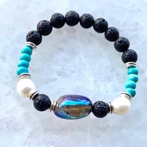 Titanium aura crystal pearls & turquoise bracelet